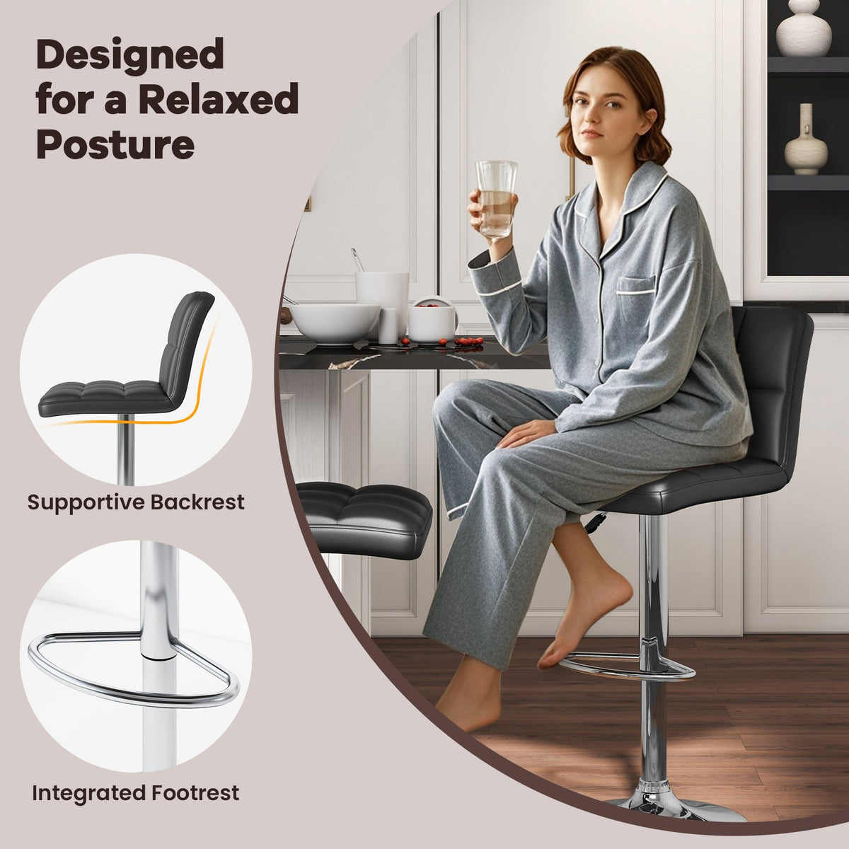 Set of 2 Square Swivel Adjustable PU Leather Bar Stools with Back and Footrest-Black view 8