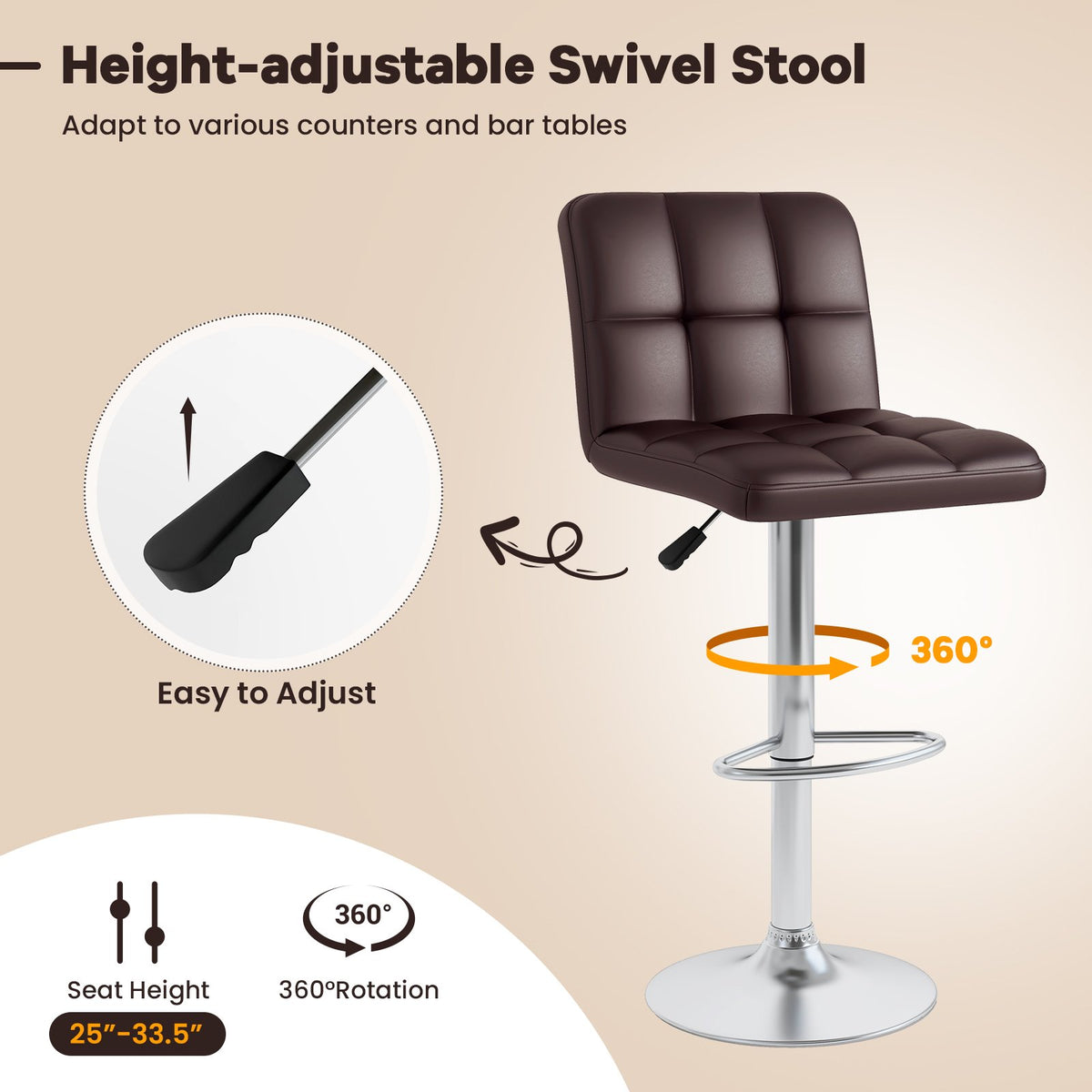Set of 2 Square Swivel Adjustable PU Leather Bar Stools with Back and Footrest-Coffee view 5