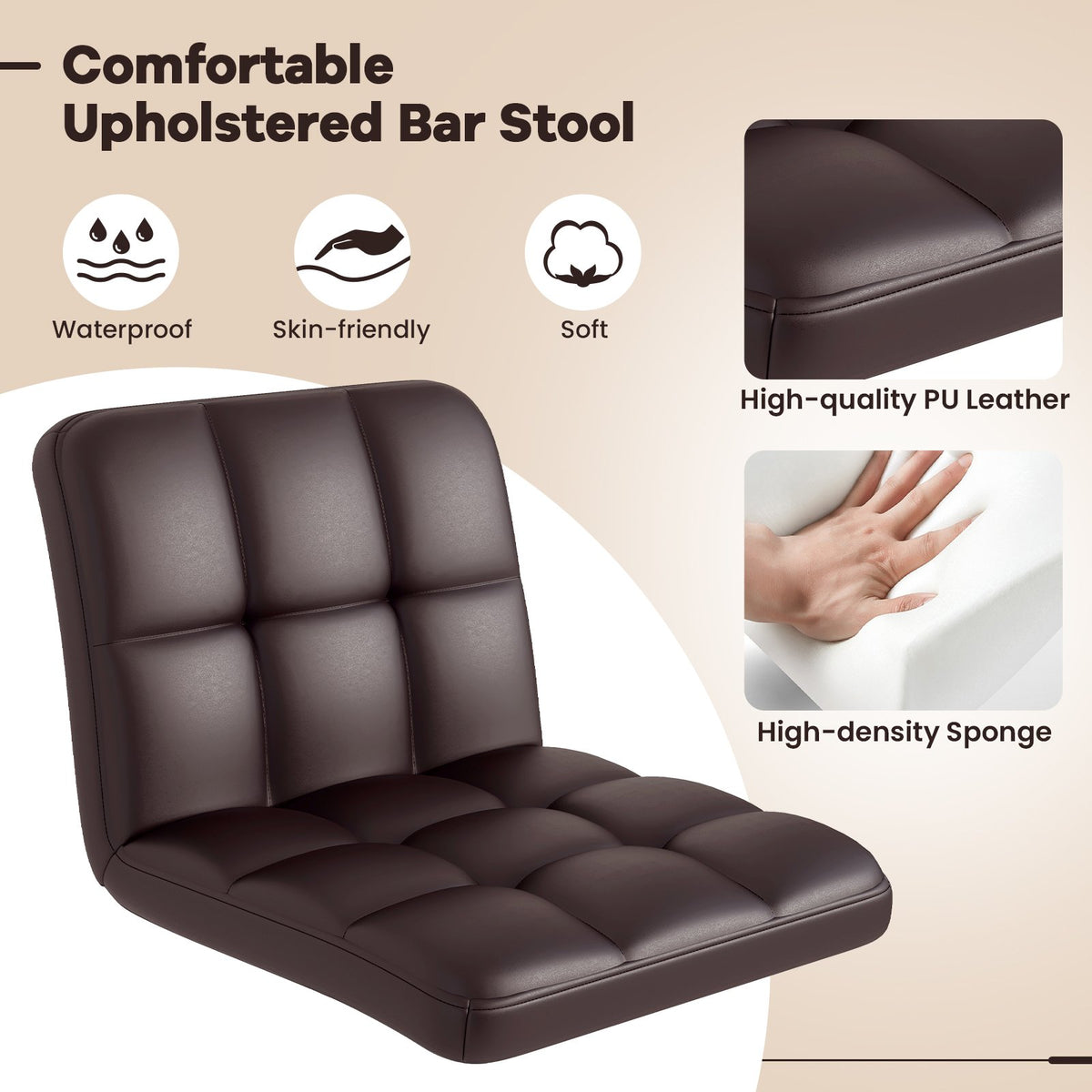Set of 2 Square Swivel Adjustable PU Leather Bar Stools with Back and Footrest-Coffee view 7