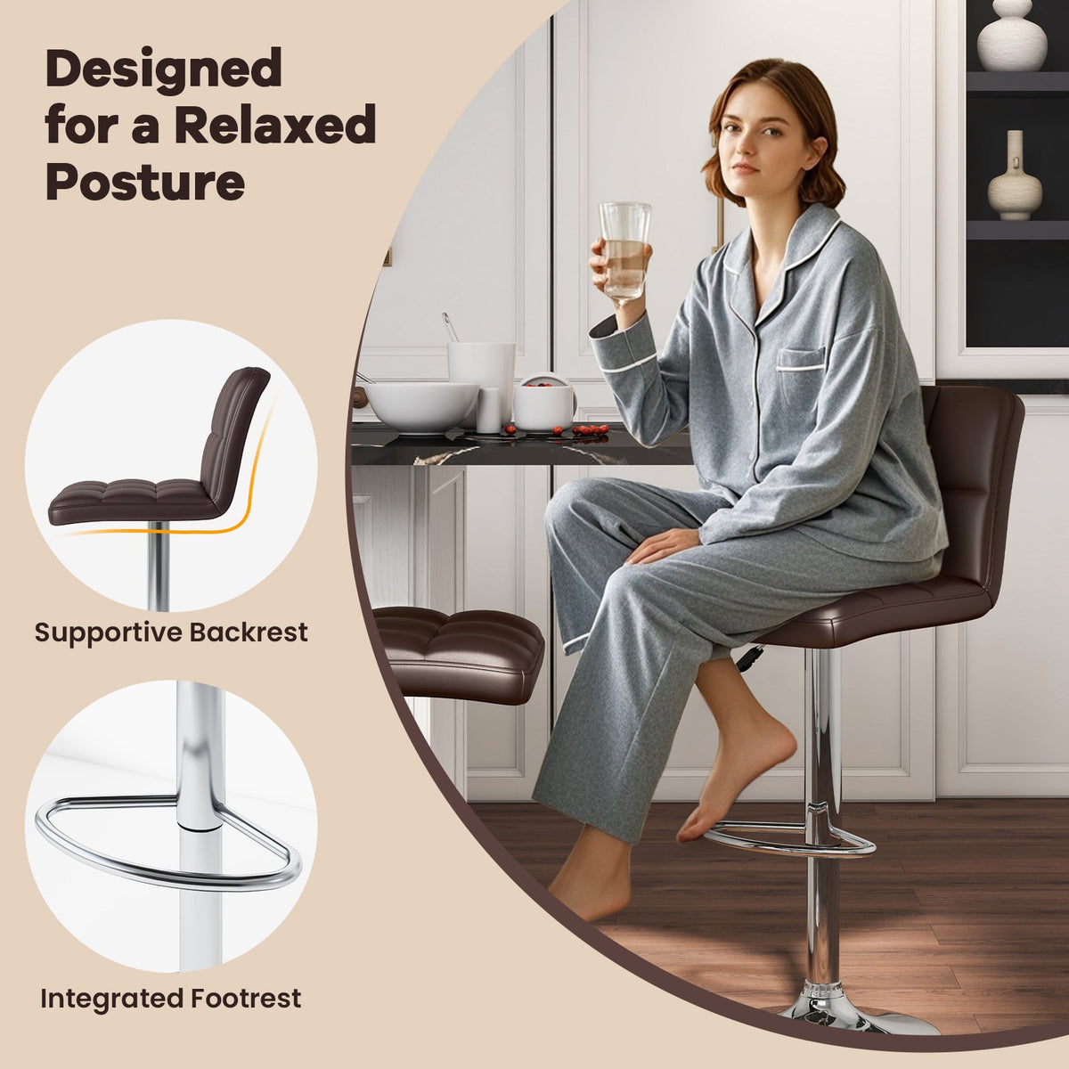 Set of 2 Square Swivel Adjustable PU Leather Bar Stools with Back and Footrest-Coffee view 8