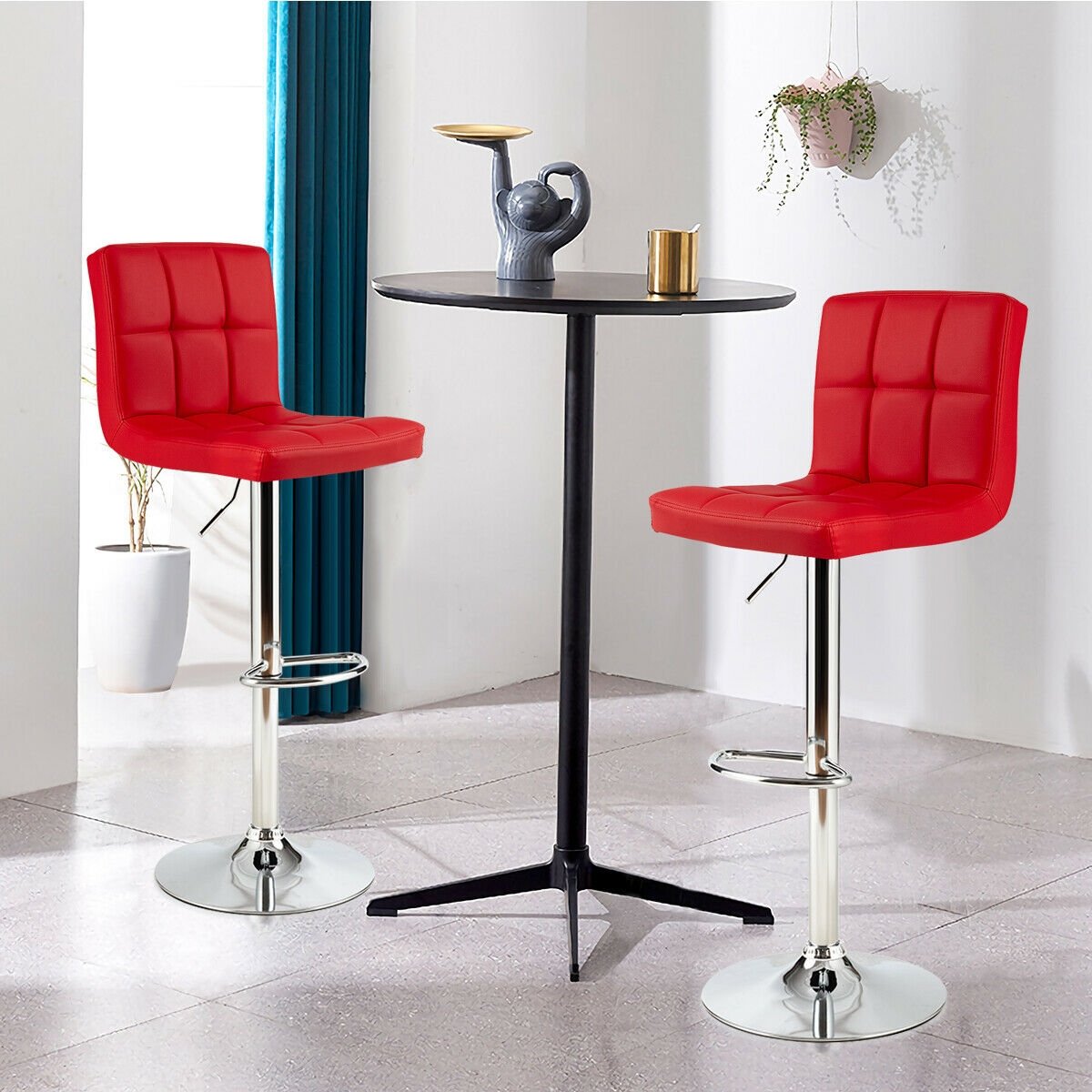 Set of 2 Square Swivel Adjustable PU Leather Bar Stools with Back and Footrest-Red view 2