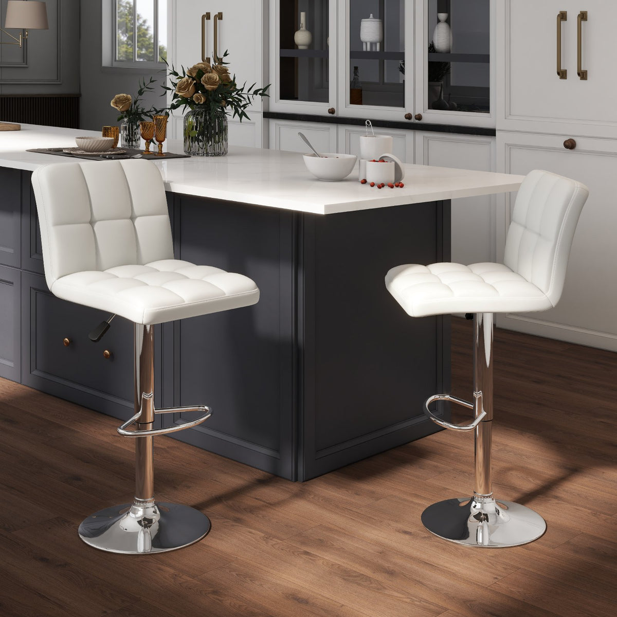 Set of 2 Square Swivel Adjustable PU Leather Bar Stools with Back and Footrest-White view 3