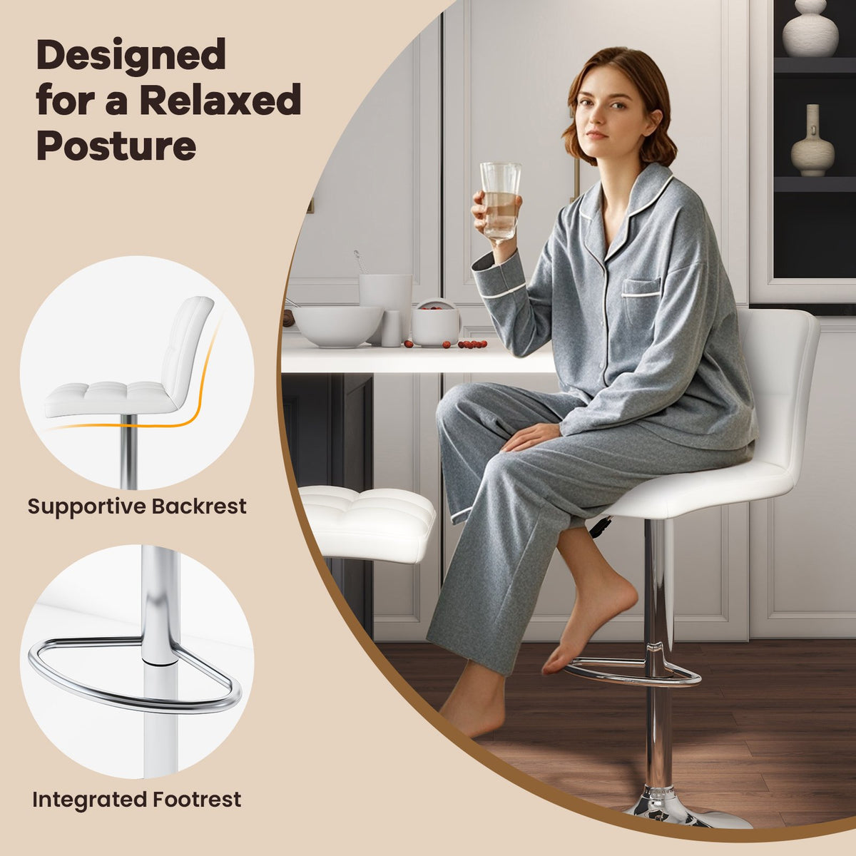 Set of 2 Square Swivel Adjustable PU Leather Bar Stools with Back and Footrest-White view 5