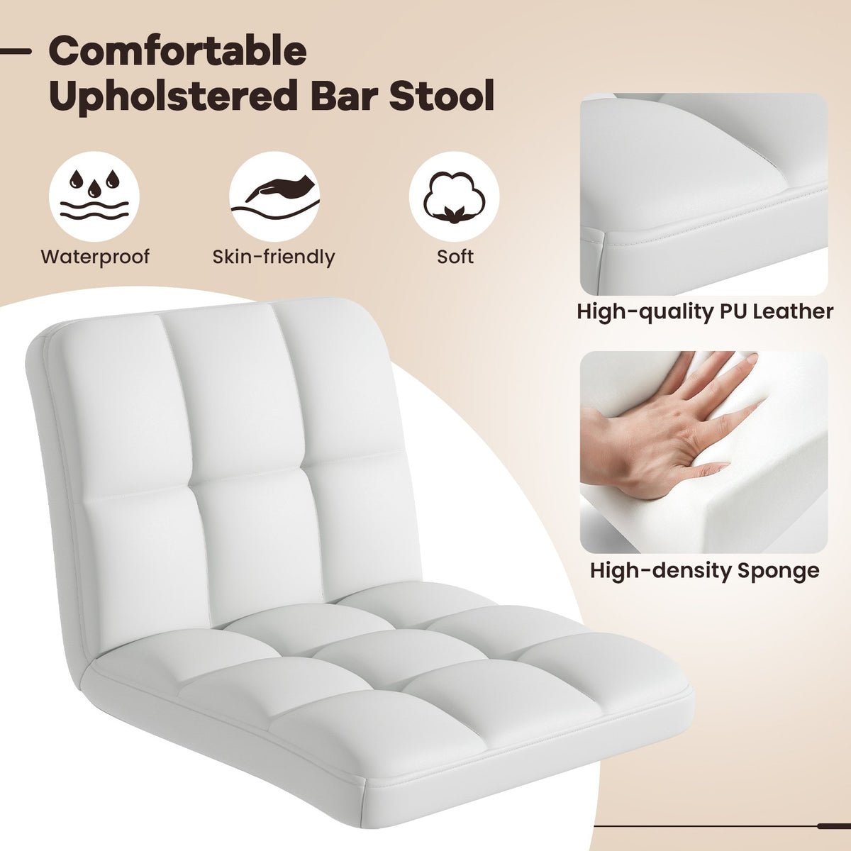Set of 2 Square Swivel Adjustable PU Leather Bar Stools with Back and Footrest-White view 6