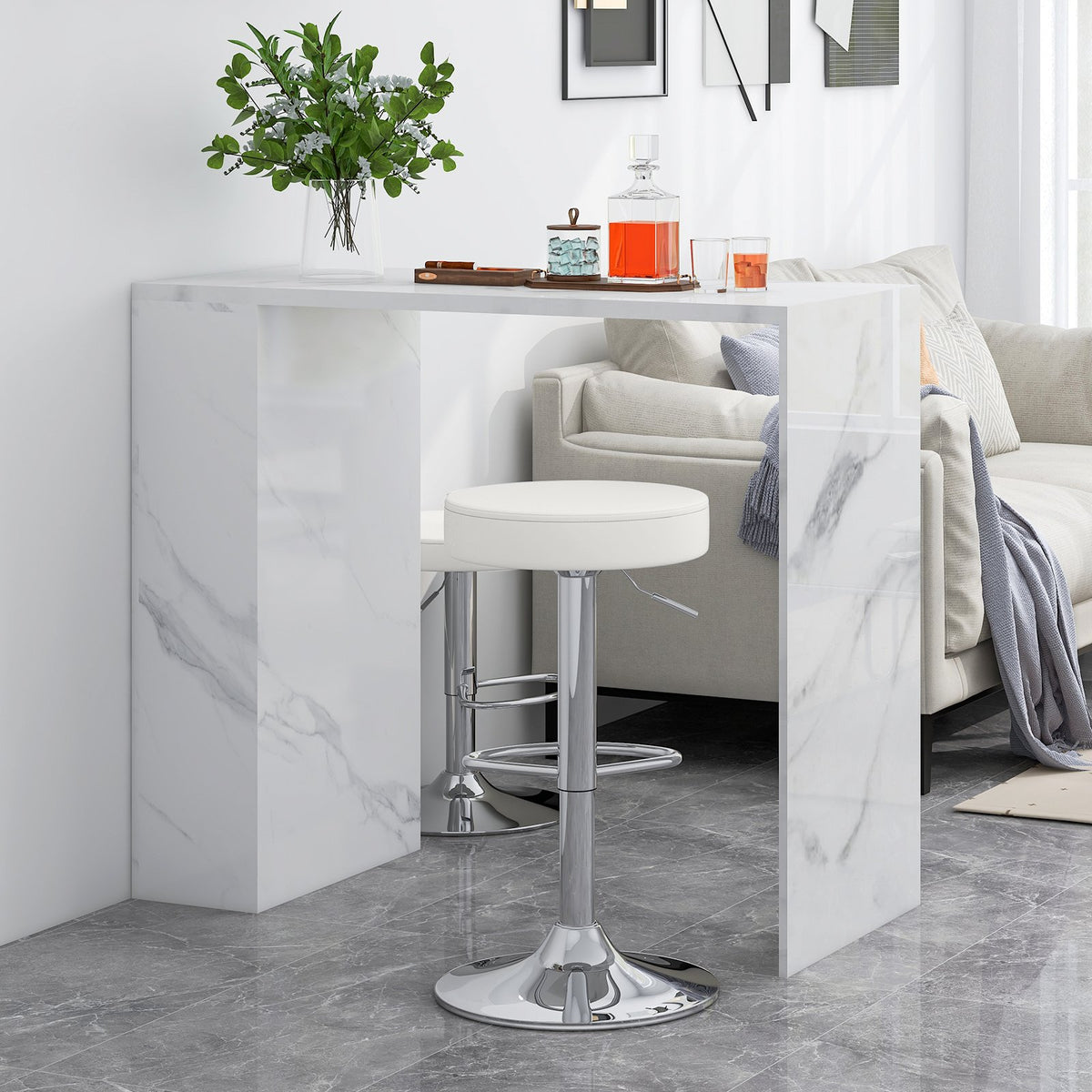 Set of 2 Adjustable Round PU Leather Swivel Barstool with Chrome Footrest-White view 2
