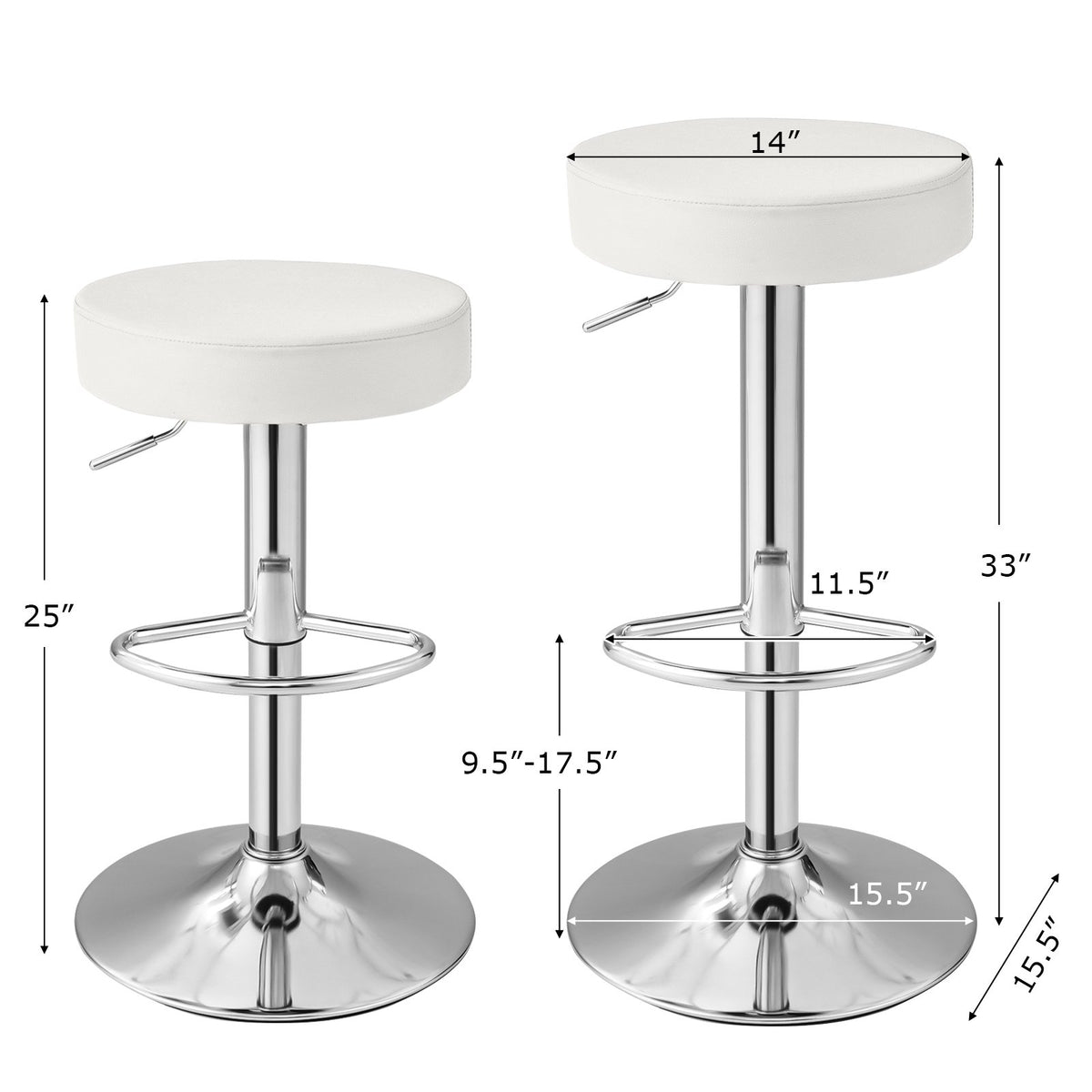 Set of 2 Adjustable Round PU Leather Swivel Barstool with Chrome Footrest-White view 5