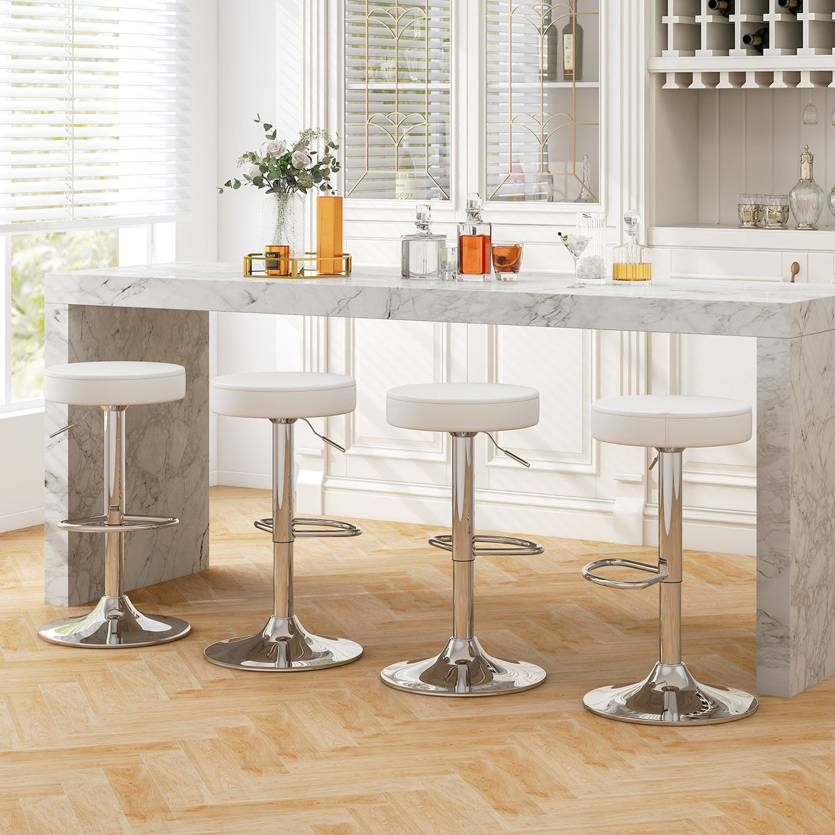 Set of 2 Adjustable Round PU Leather Swivel Barstool with Chrome Footrest-White view 6
