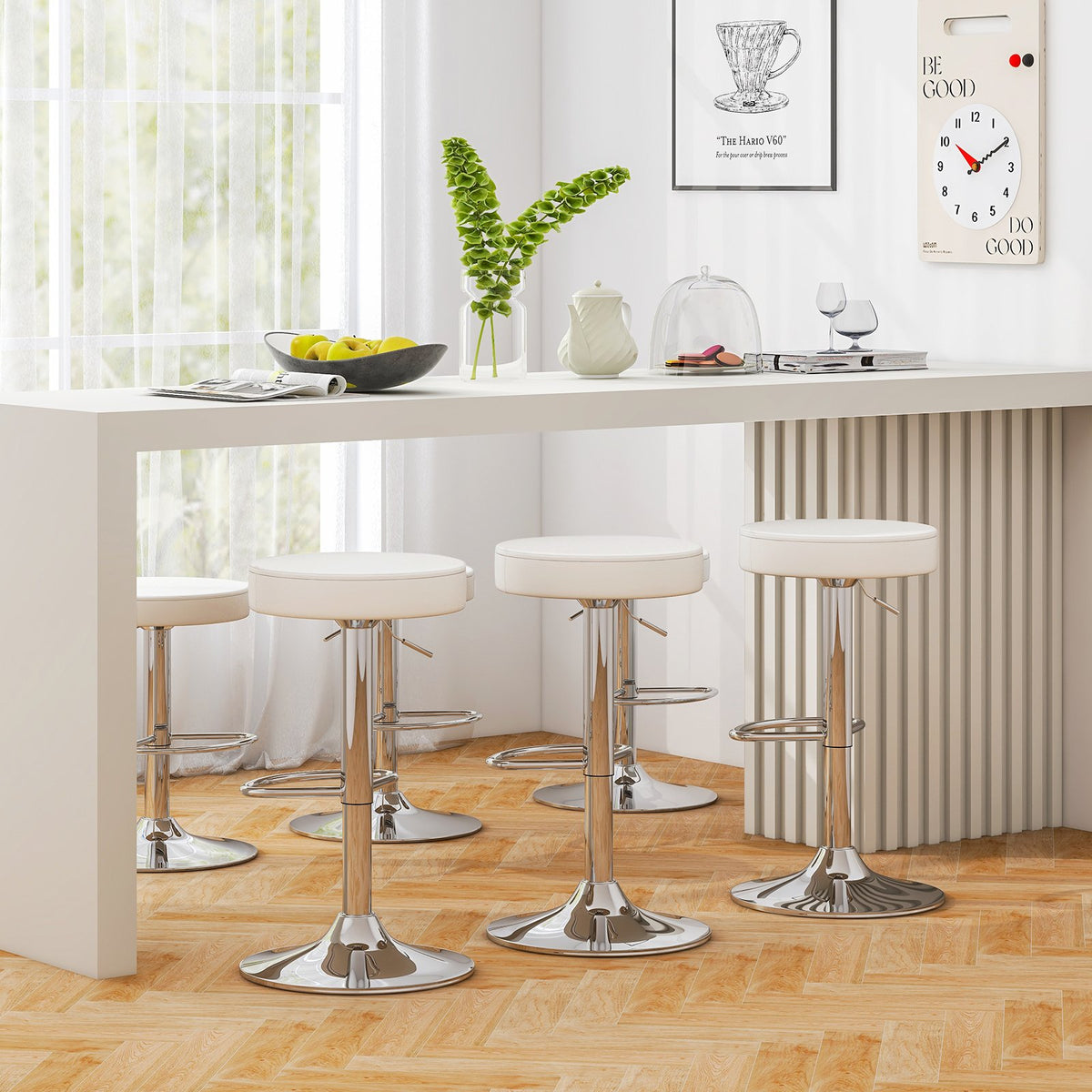 Set of 2 Adjustable Round PU Leather Swivel Barstool with Chrome Footrest-White view 7