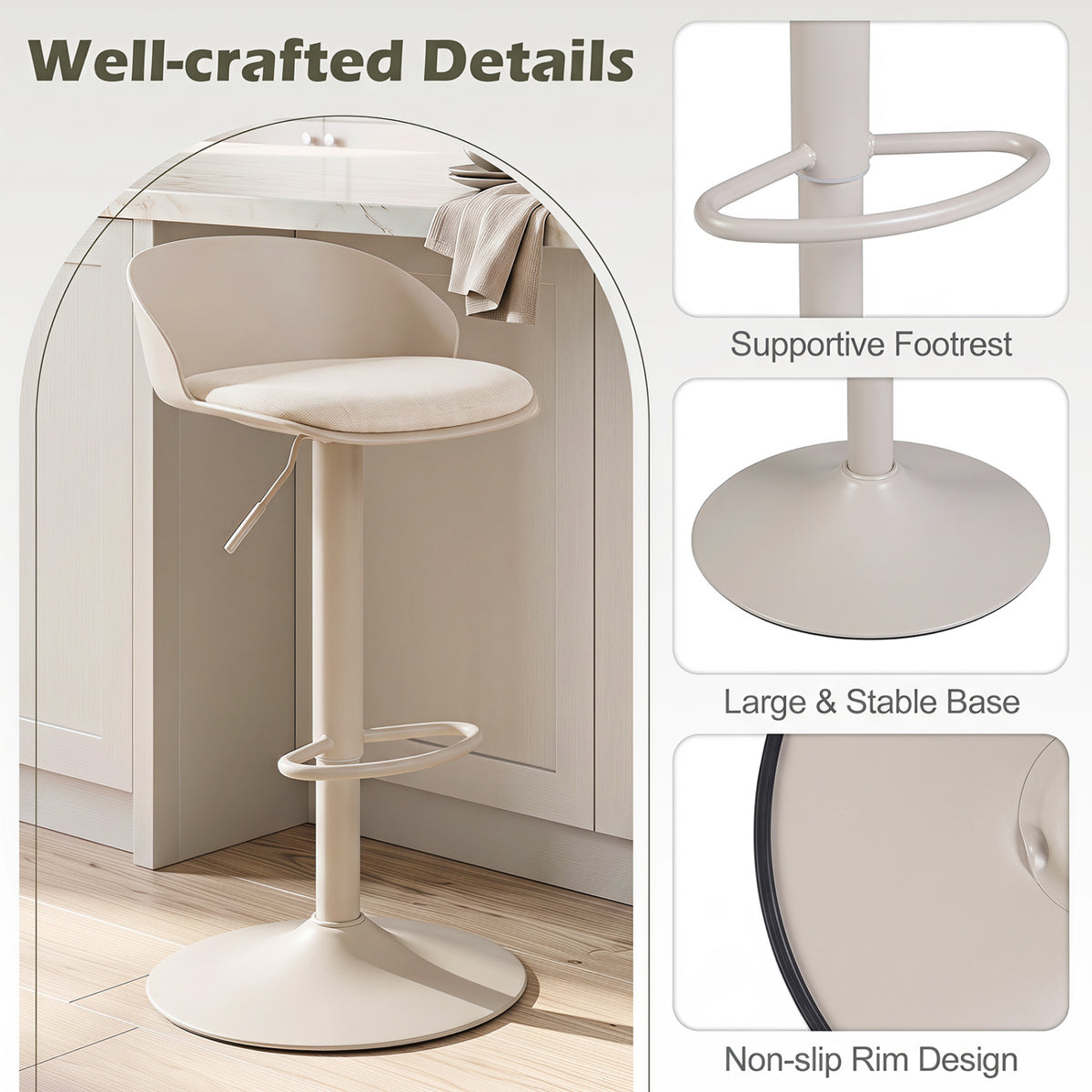 Set of 2 Adjustable Swivel Bar Stools w/ Back & Footrest 330 LBS for Dining-Cream view 8