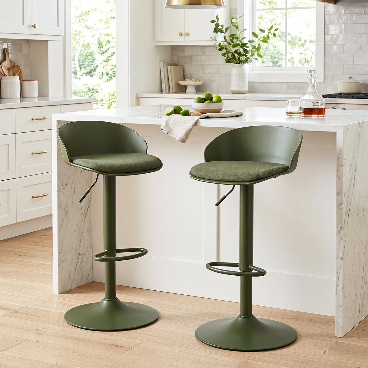 Set of 2 Adjustable Swivel Bar Stools w/ Back & Footrest 330 LBS for Dining-Green view 2
