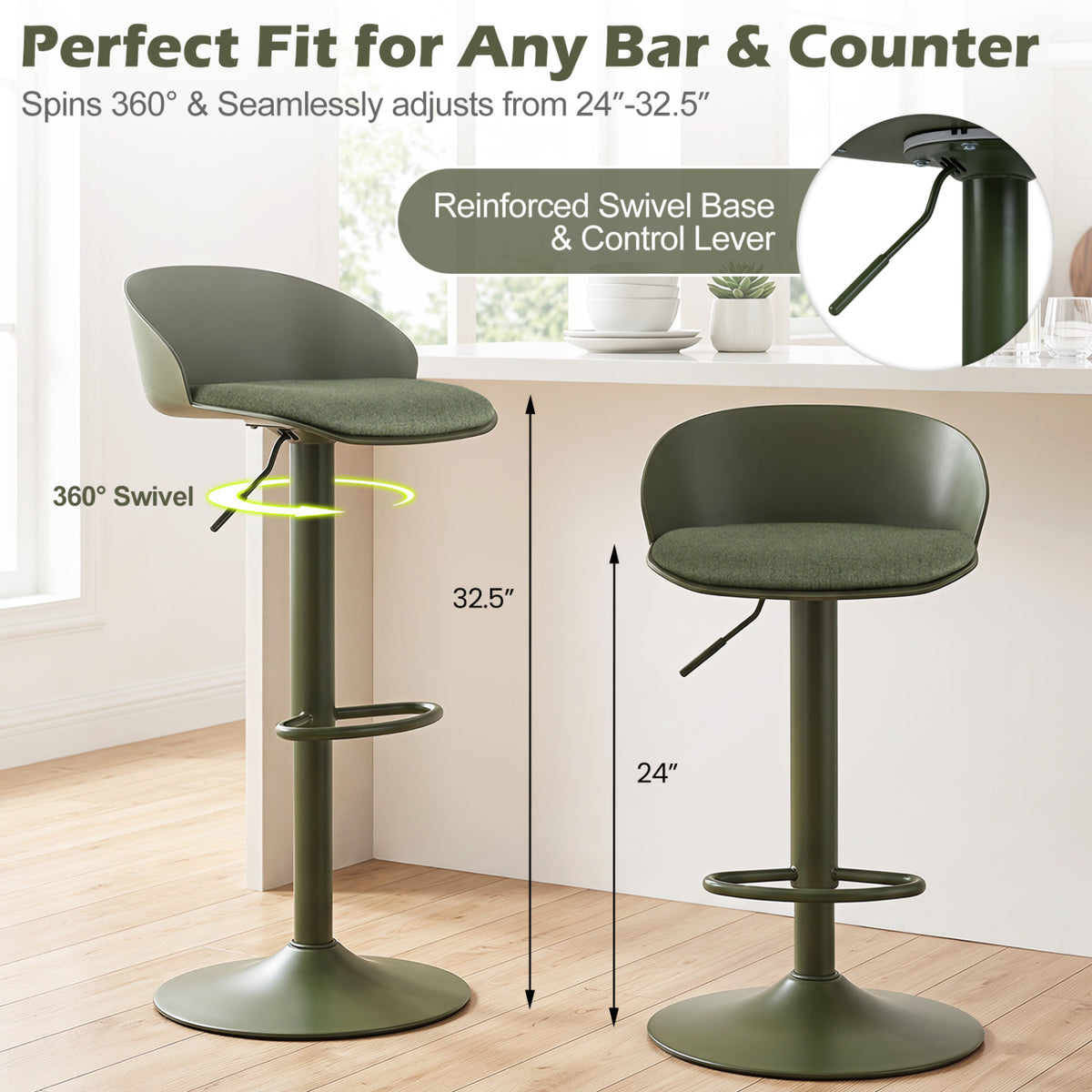 Set of 2 Adjustable Swivel Bar Stools w/ Back & Footrest 330 LBS for Dining-Green view 5