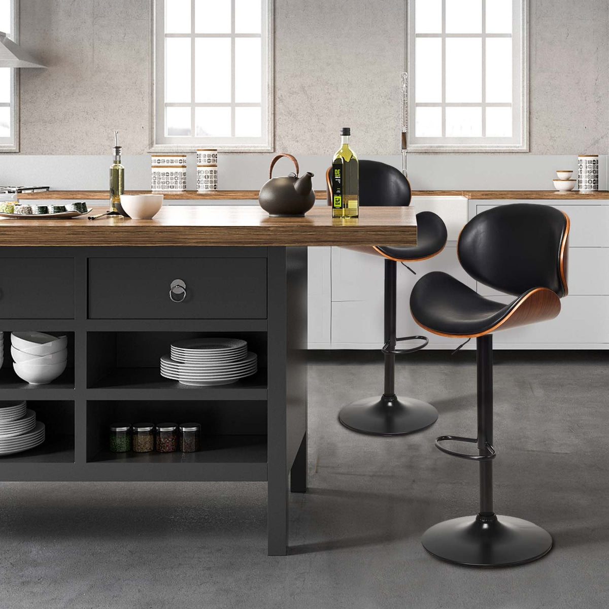 Set of 2 Adjustable Swivel PU Leather Bar Stools with Curved Footrest view 3