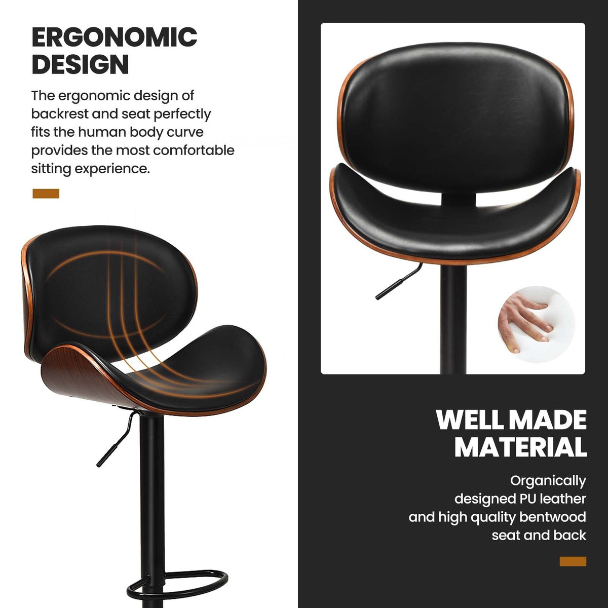 Set of 2 Adjustable Swivel PU Leather Bar Stools with Curved Footrest view 7