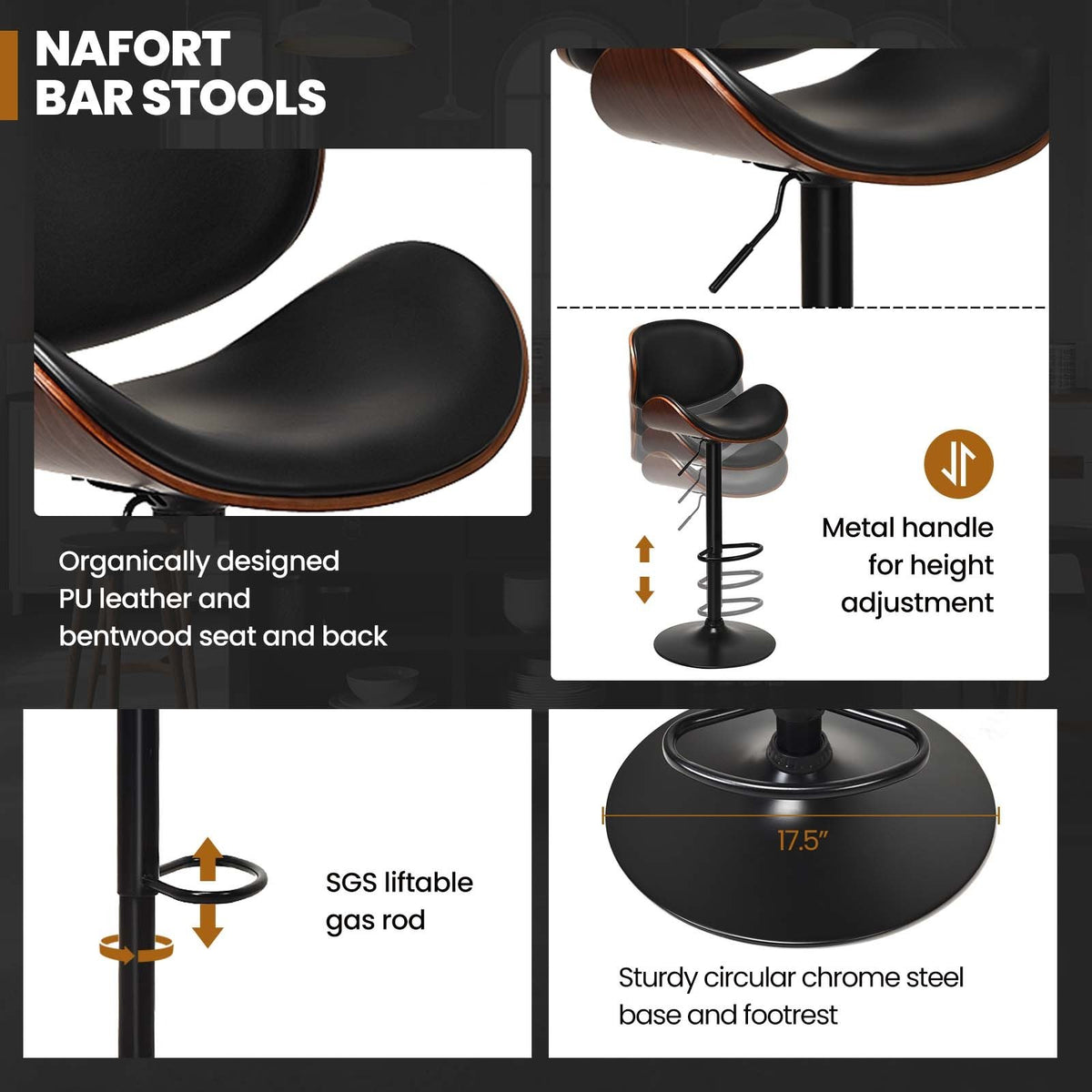 Set of 2 Adjustable Swivel PU Leather Bar Stools with Curved Footrest view 8