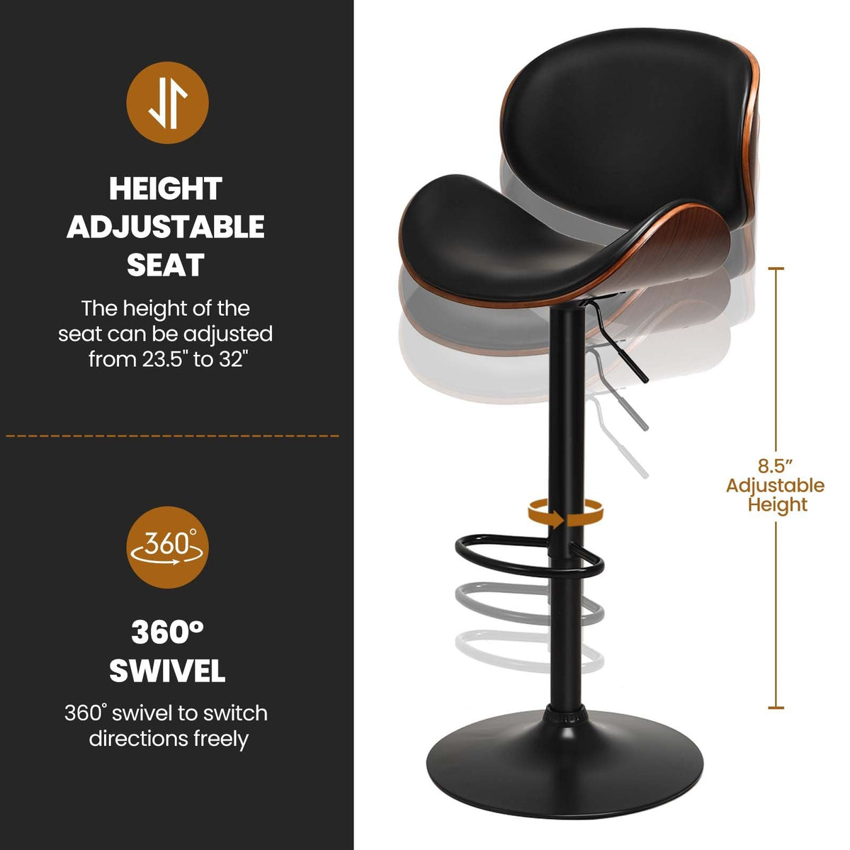 Set of 2 Adjustable Swivel PU Leather Bar Stools with Curved Footrest view 9