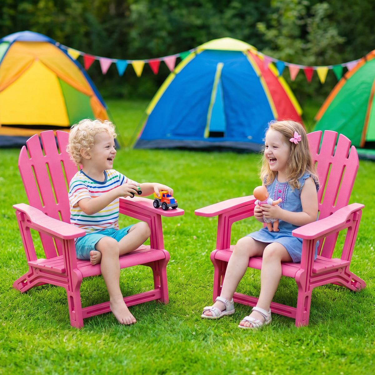 Set of 2 All-Weather Outdoor Kids Patio Seating with Ergonomic Design-Pink view 2
