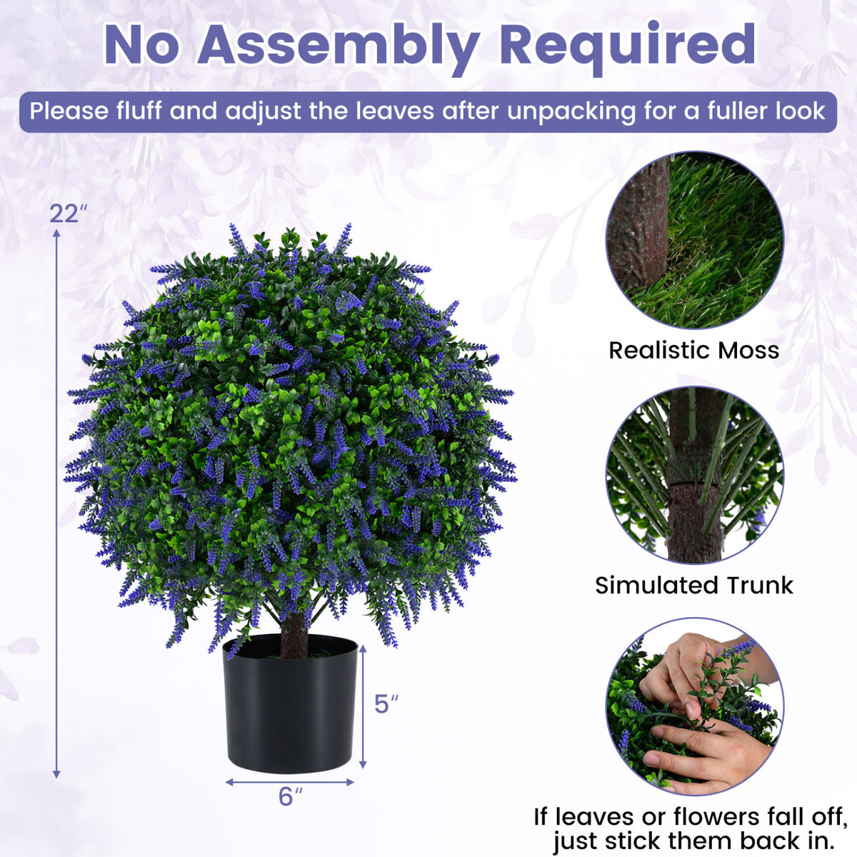 Set of 2 Artificial Lavender Topiary Ball Trees 22 inch Faux Lavender Potted Plants-Purple view 4