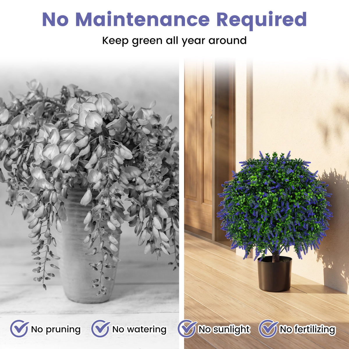 Set of 2 Artificial Lavender Topiary Ball Trees 22 inch Faux Lavender Potted Plants-Purple view 8