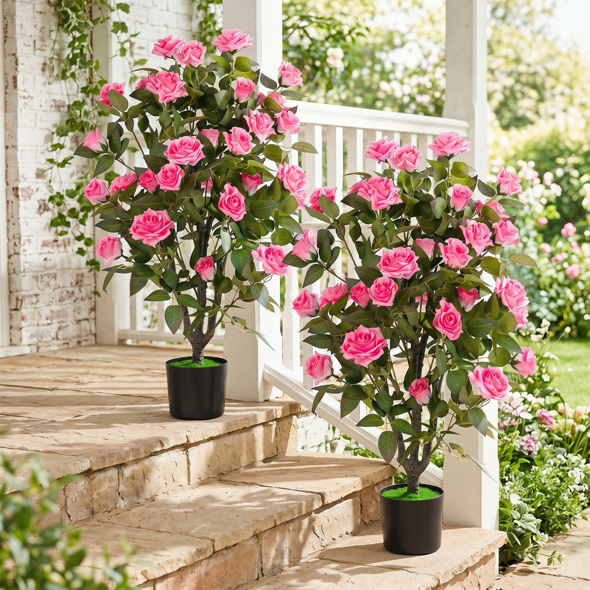 Set of 2 Artificial Rose Tree with Blooming Flowers and Green Leaves for Indoor-Pink view 3