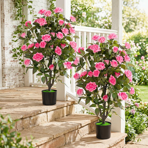 Set of 2 Artificial Rose Tree with Blooming Flowers and Green Leaves for Indoor-Pink view 3