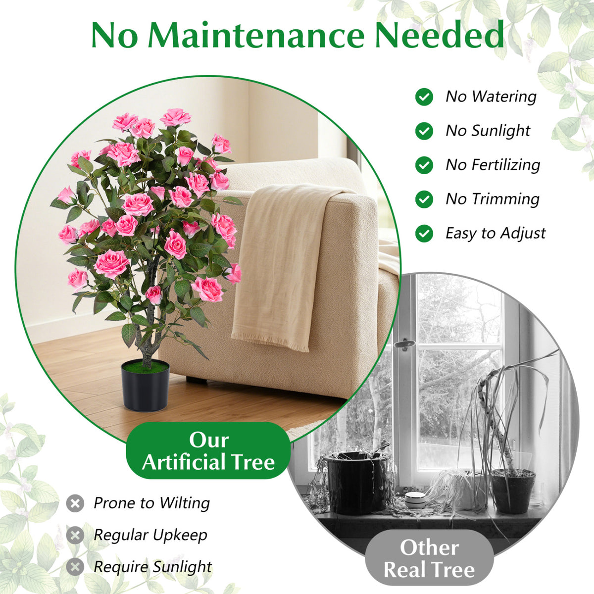 Set of 2 Artificial Rose Tree with Blooming Flowers and Green Leaves for Indoor-Pink view 6