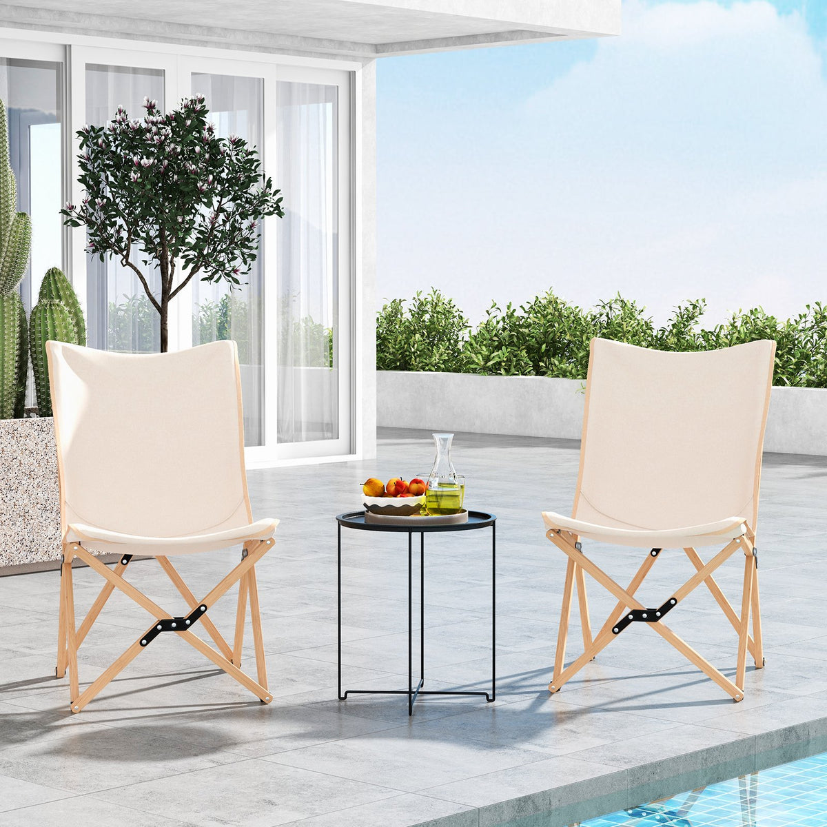 Set of 2 Bamboo Dorm Chair with Storage Pocket for Camping and Fishing-Beige view 2