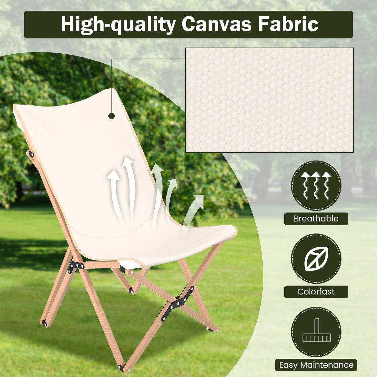 Set of 2 Bamboo Dorm Chair with Storage Pocket for Camping and Fishing-Beige view 6