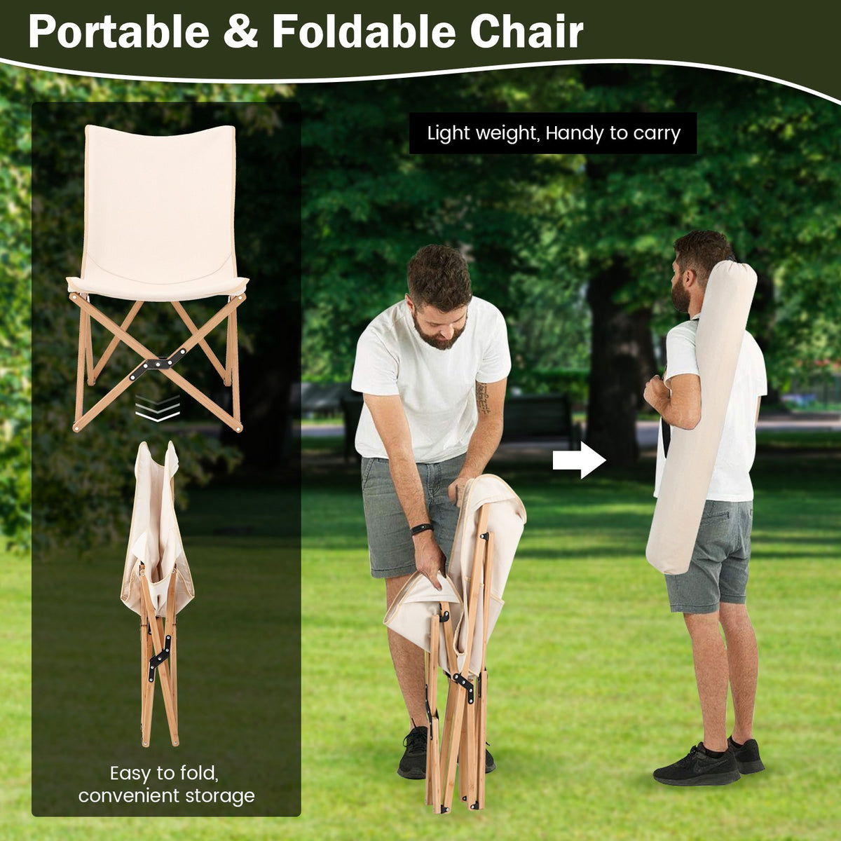 Set of 2 Bamboo Dorm Chair with Storage Pocket for Camping and Fishing-Beige view 7
