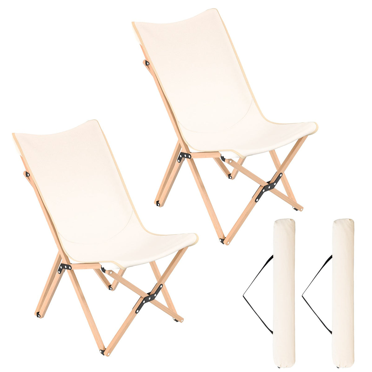 Set of 2 Bamboo Dorm Chair with Storage Pocket for Camping and Fishing-Beige view 9