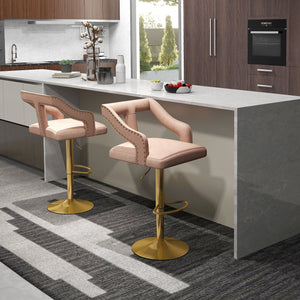Set of 2 Bar Chairs with Footrest and 2-Layer Electroplated Metal Base-Pink view 2
