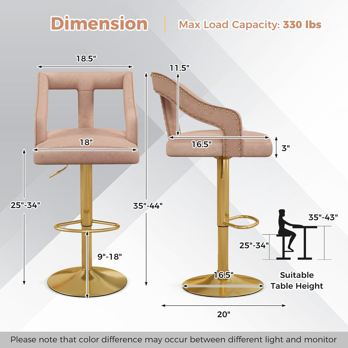 Set of 2 Bar Chairs with Footrest and 2-Layer Electroplated Metal Base-Pink view 3