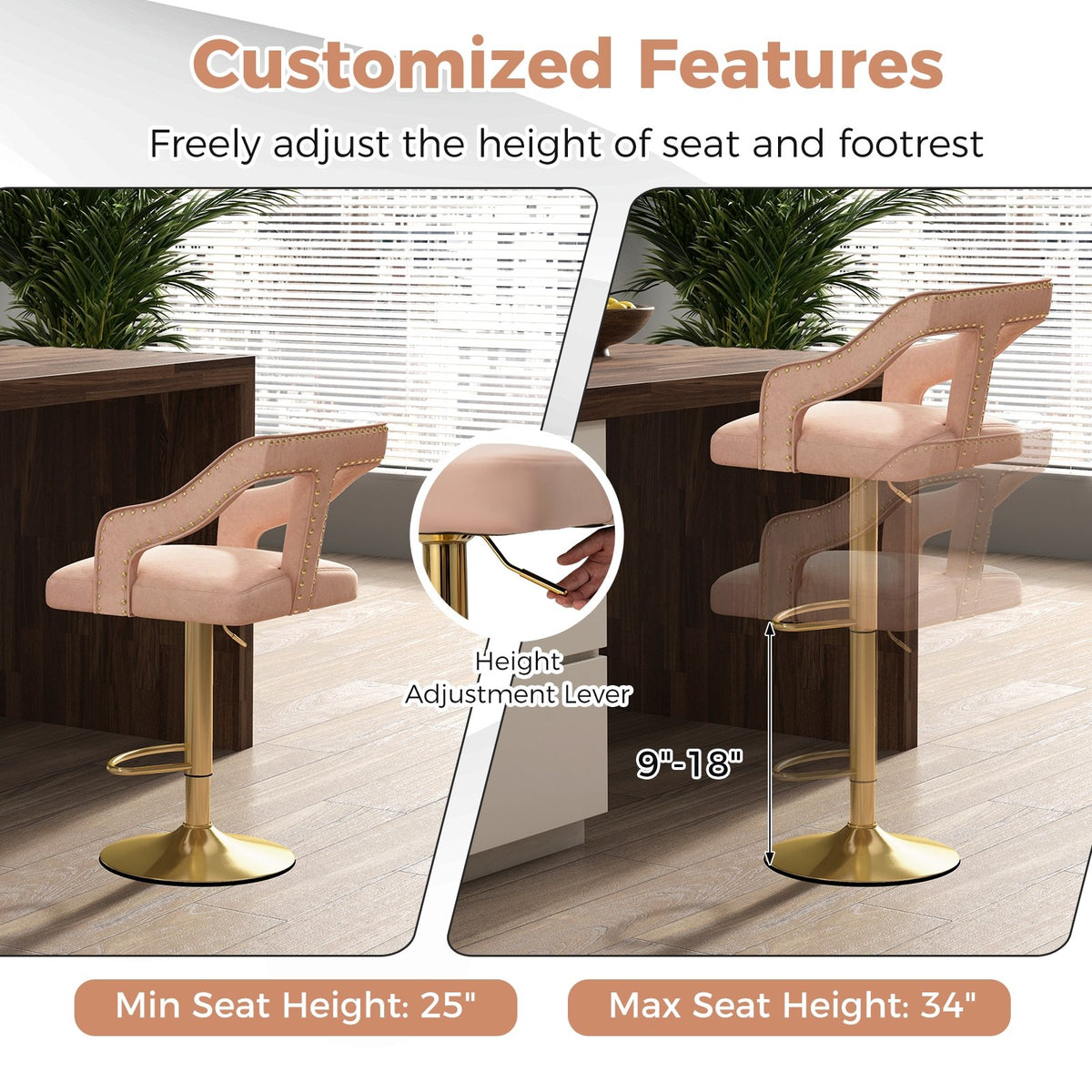 Set of 2 Bar Chairs with Footrest and 2-Layer Electroplated Metal Base-Pink view 5