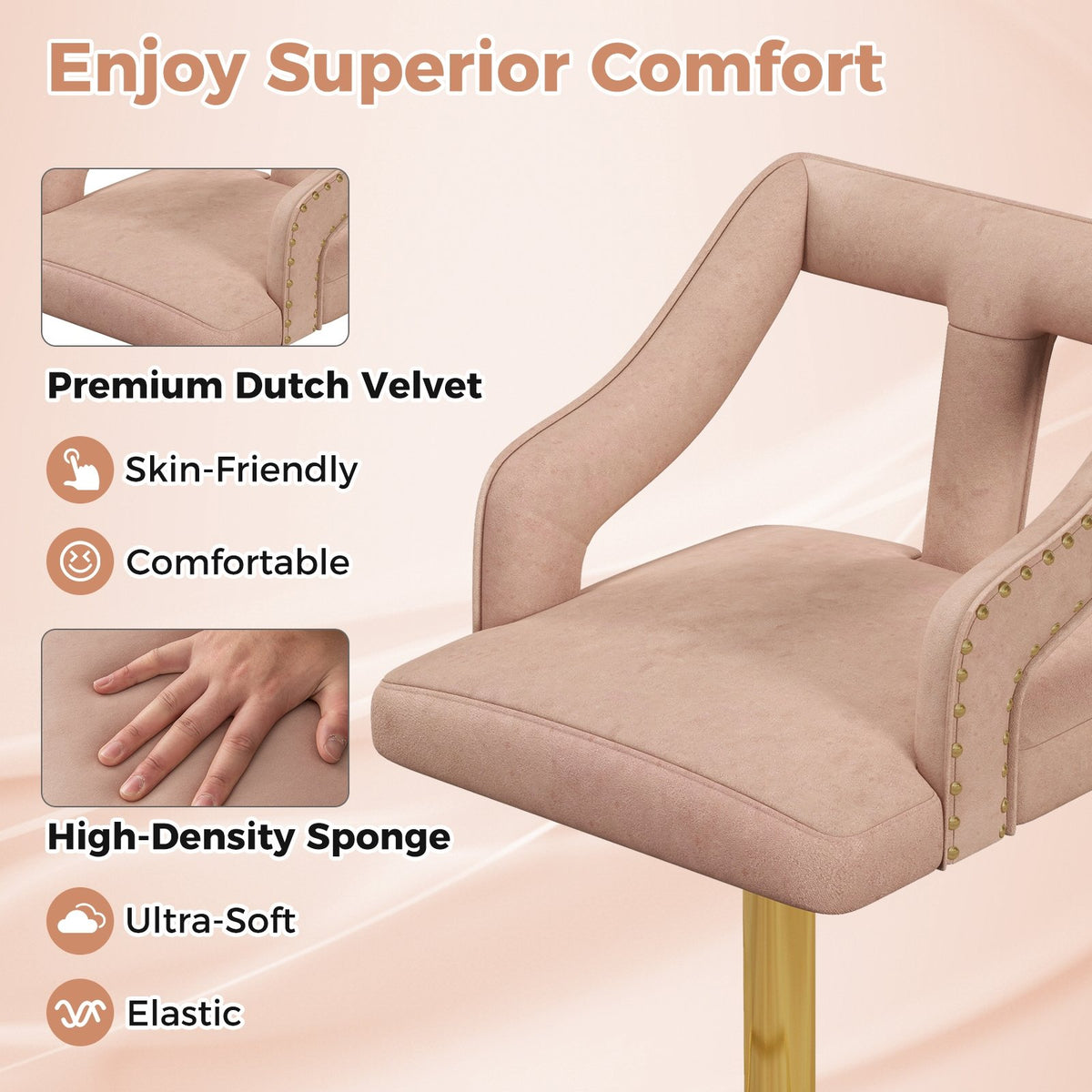 Set of 2 Bar Chairs with Footrest and 2-Layer Electroplated Metal Base-Pink view 7