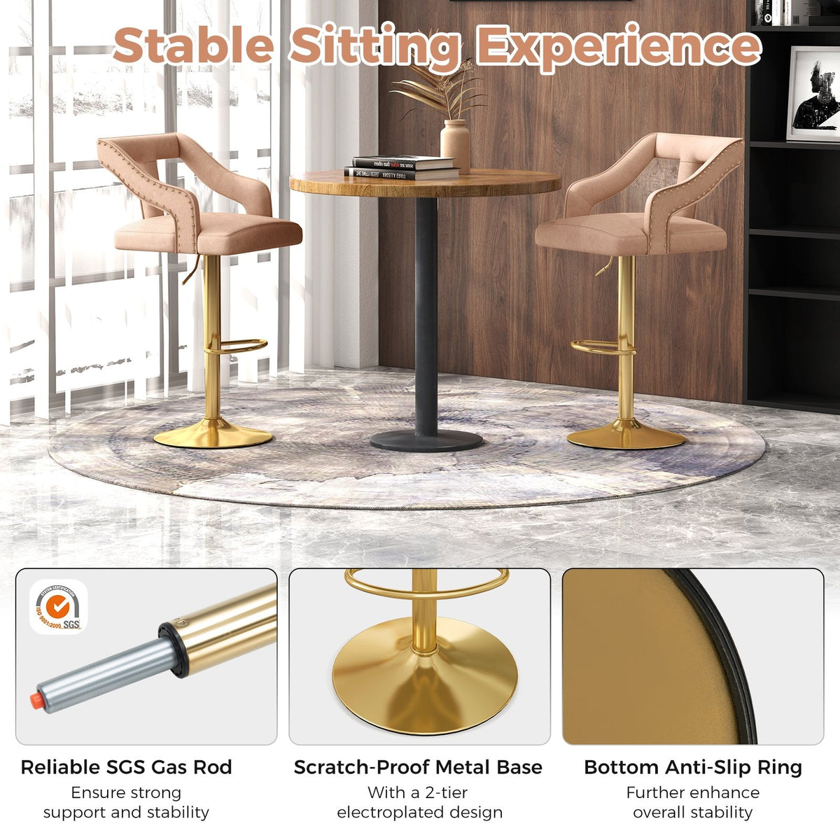 Set of 2 Bar Chairs with Footrest and 2-Layer Electroplated Metal Base-Pink view 8