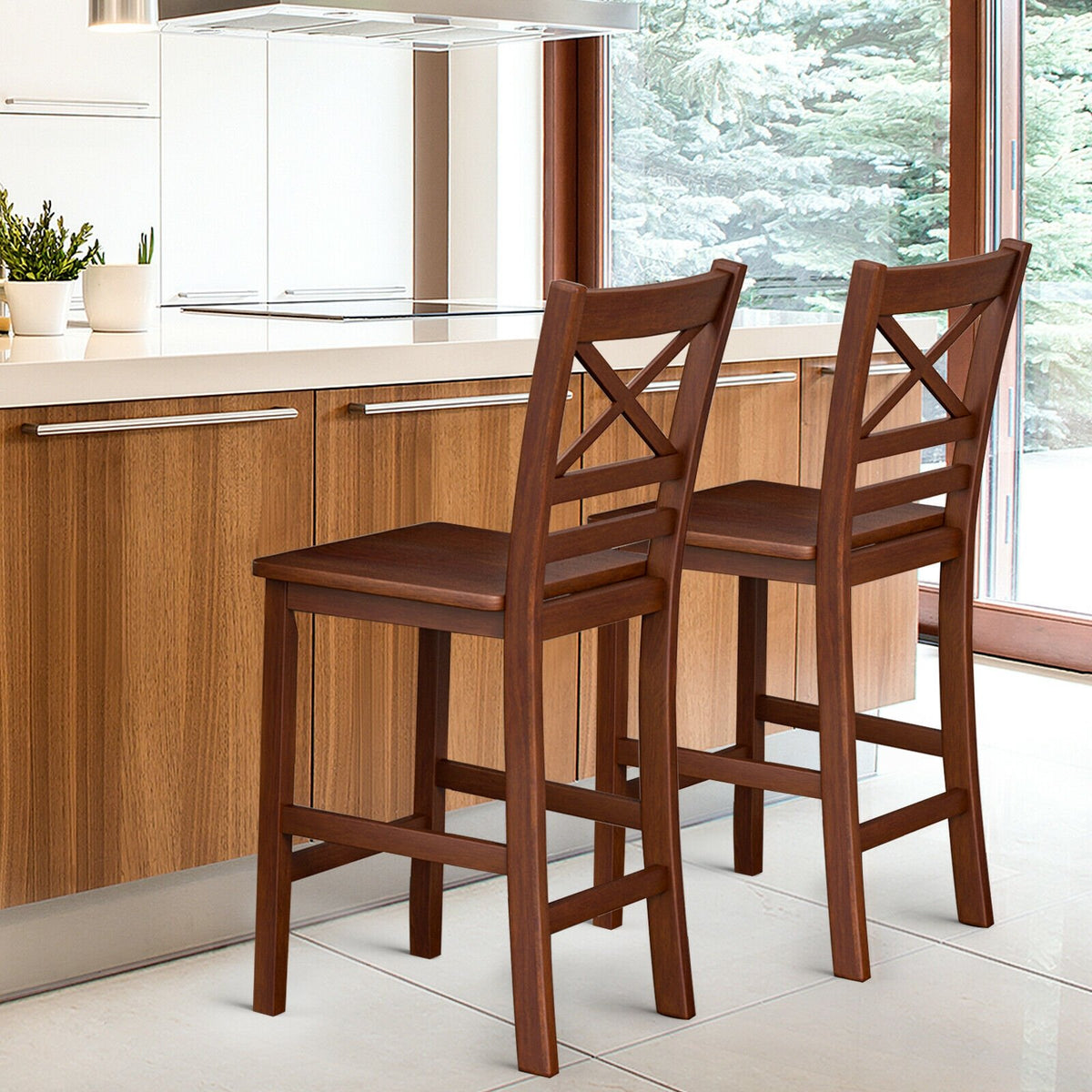 Set of 2 Bar Stools 25 Inch Counter Height Chairs with Rubber Wood Legs view 2