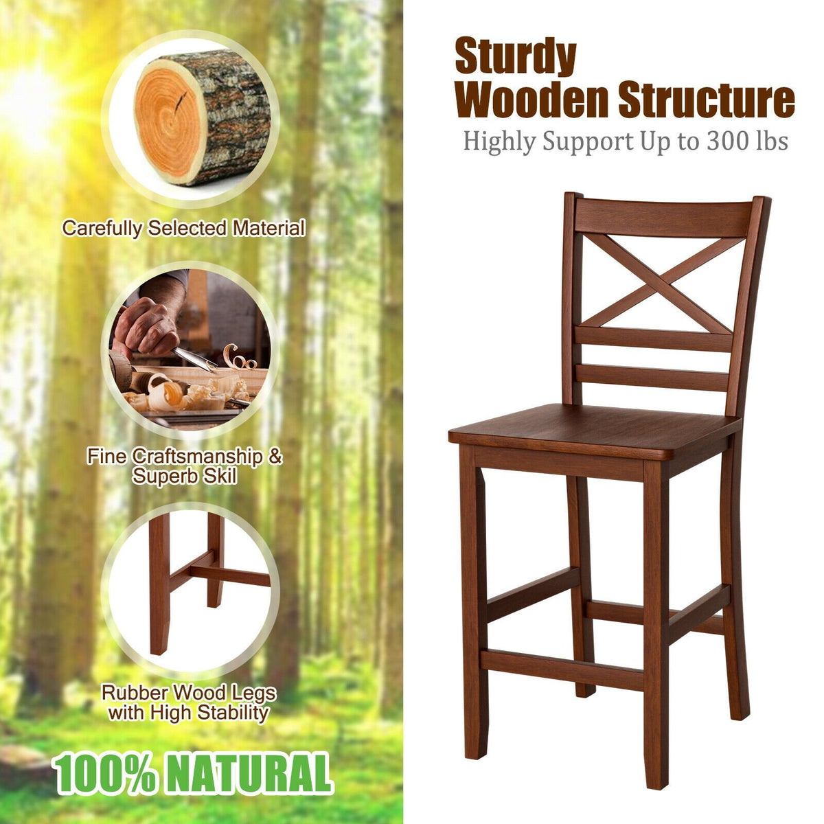 Set of 2 Bar Stools 25 Inch Counter Height Chairs with Rubber Wood Legs view 3