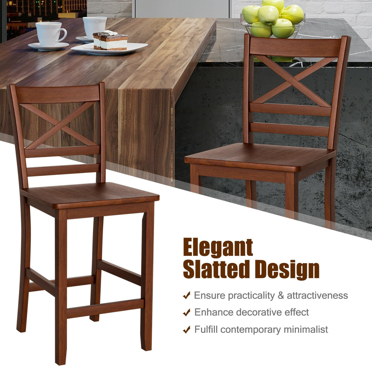 Set of 2 Bar Stools 25 Inch Counter Height Chairs with Rubber Wood Legs view 7