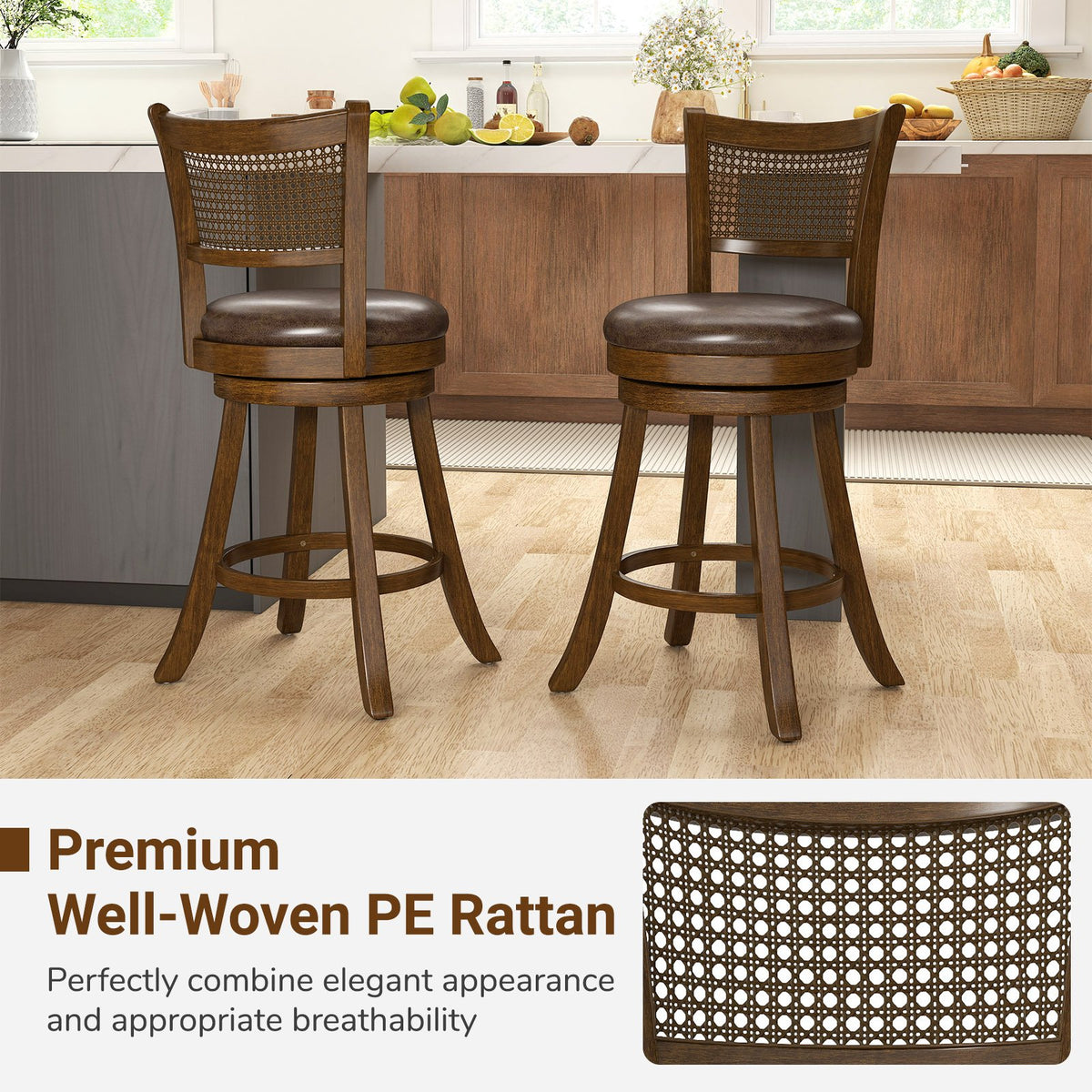 Set of 2 Bar Stools 25 inches Swivel Bar Chairs Leathaire Counter Height Stools-Brown view 6