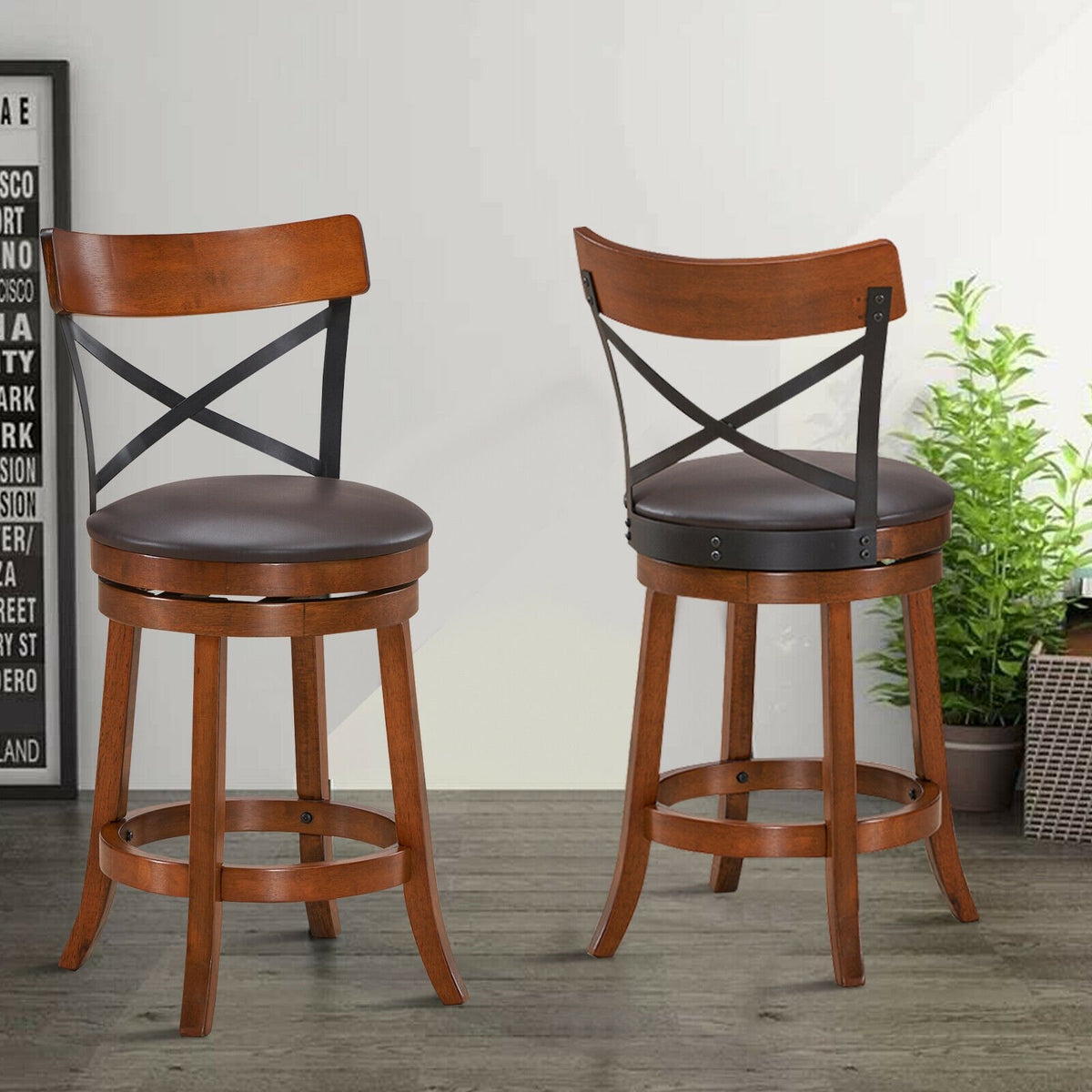 Set of 2 Bar Stools 360-Degree Swivel Dining Bar Chairs with Rubber Wood Legs-M view 3