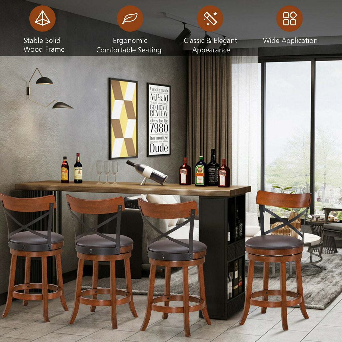 Set of 2 Bar Stools 360-Degree Swivel Dining Bar Chairs with Rubber Wood Legs-M view 6