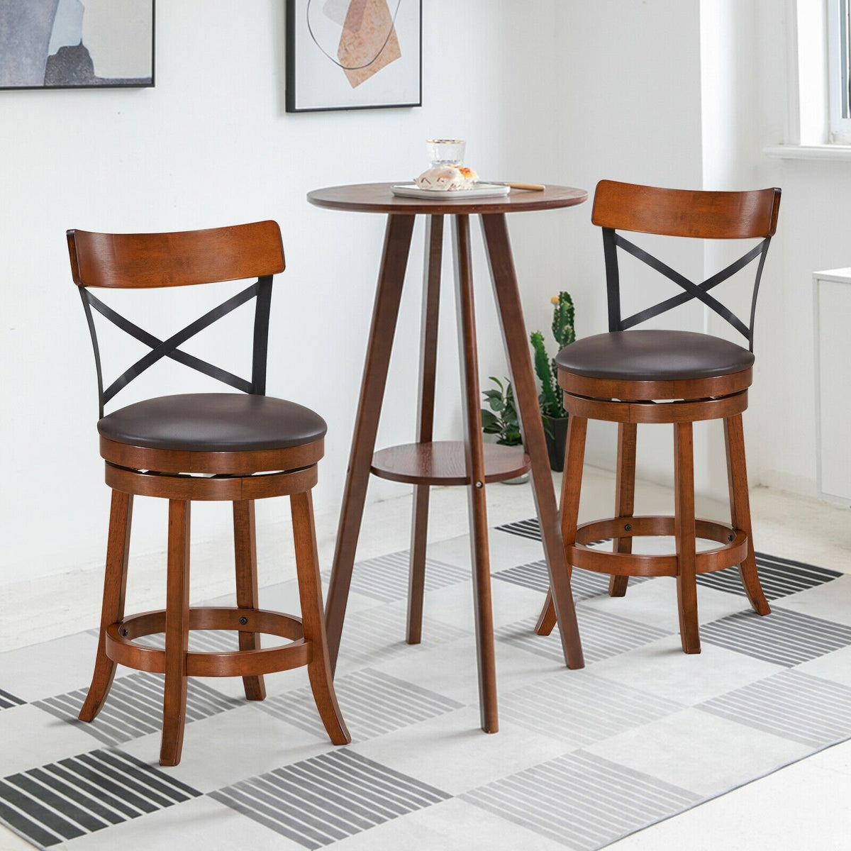 Set of 2 Bar Stools 360-Degree Swivel Dining Bar Chairs with Rubber Wood Legs-M view 8
