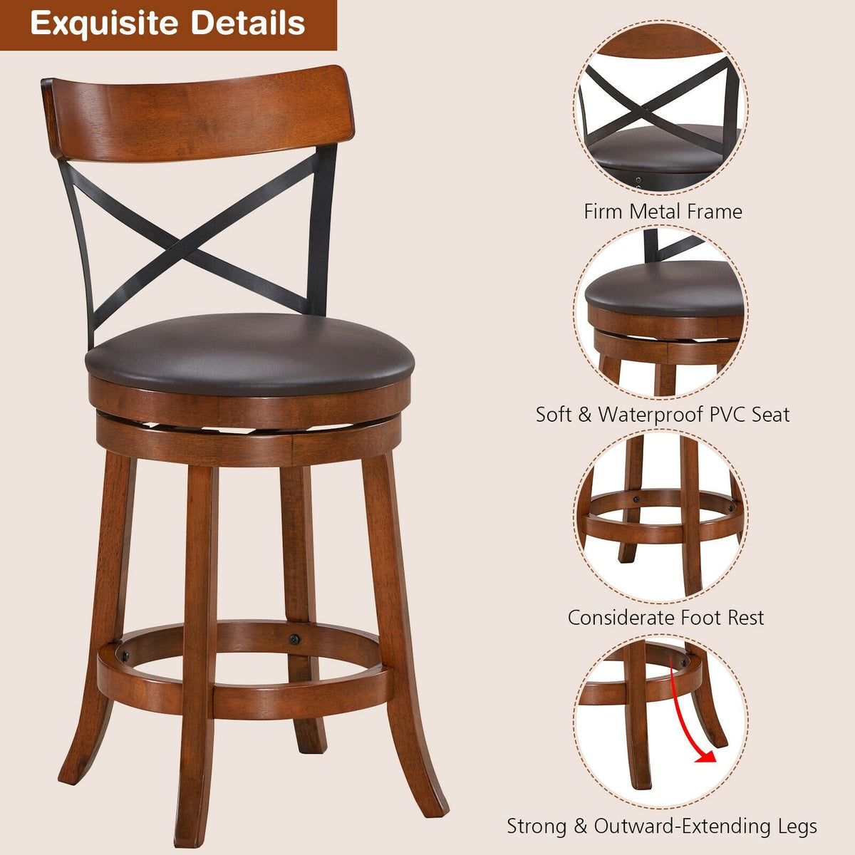 Set of 2 Bar Stools 360-Degree Swivel Dining Bar Chairs with Rubber Wood Legs-M view 9