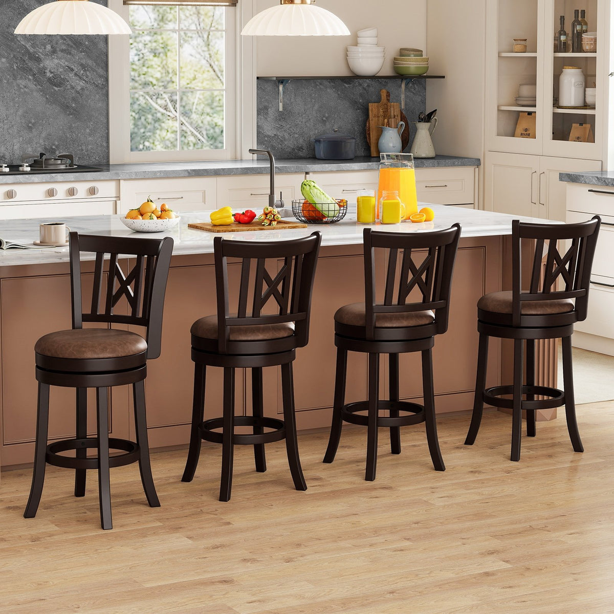 Set of 2 Bar Stools Swivel Bar Chairs with Footrest and Hollowed Backrest-26 inches view 5