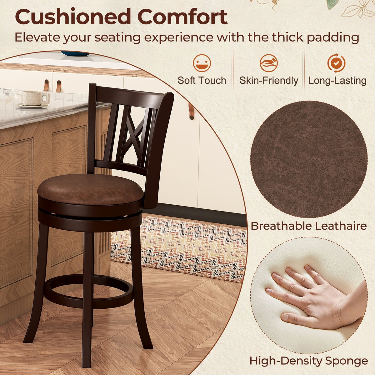 Set of 2 Bar Stools Swivel Bar Chairs with Footrest and Hollowed Backrest-26 inches view 7