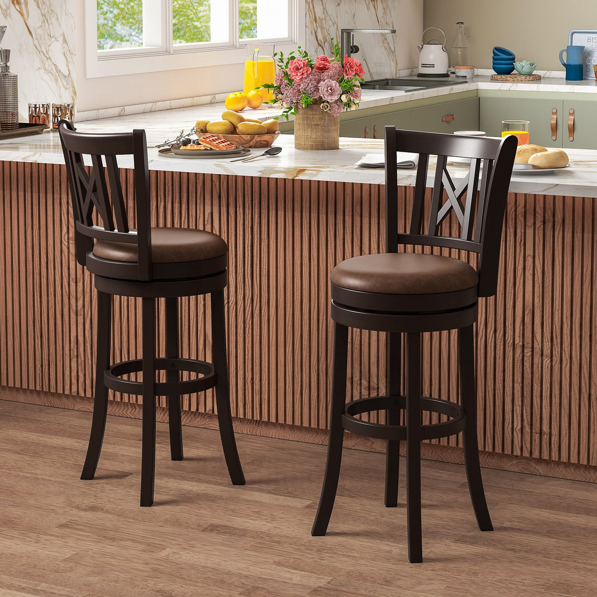 Set of 2 Bar Stools Swivel Bar Chairs with Footrest and Hollowed Backrest-30 inches view 3