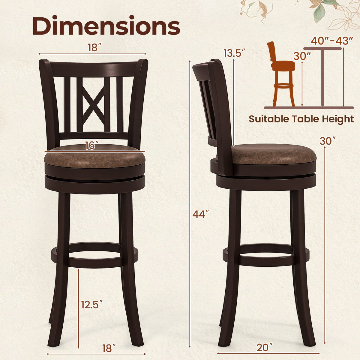 Set of 2 Bar Stools Swivel Bar Chairs with Footrest and Hollowed Backrest-30 inches view 4