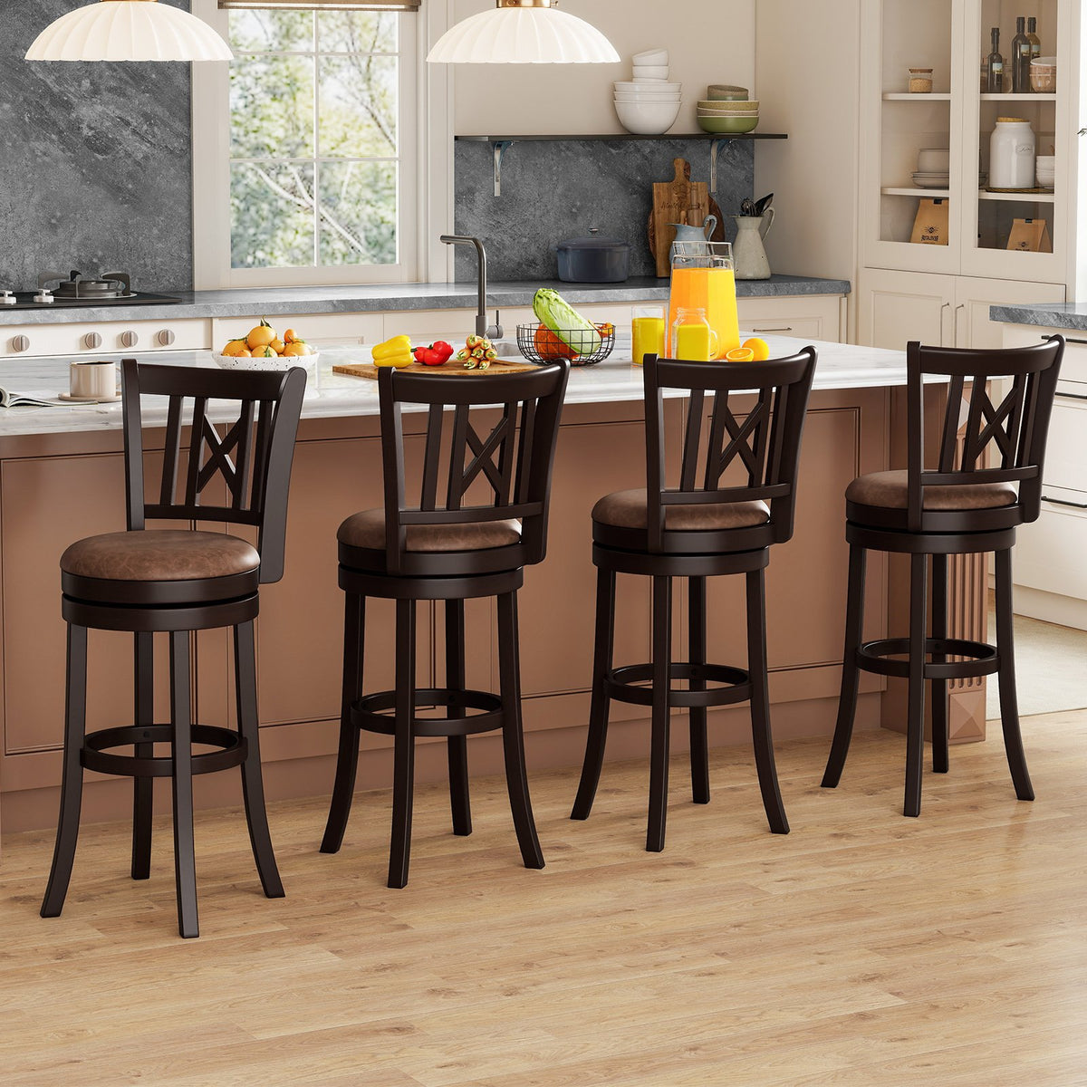 Set of 2 Bar Stools Swivel Bar Chairs with Footrest and Hollowed Backrest-30 inches view 5