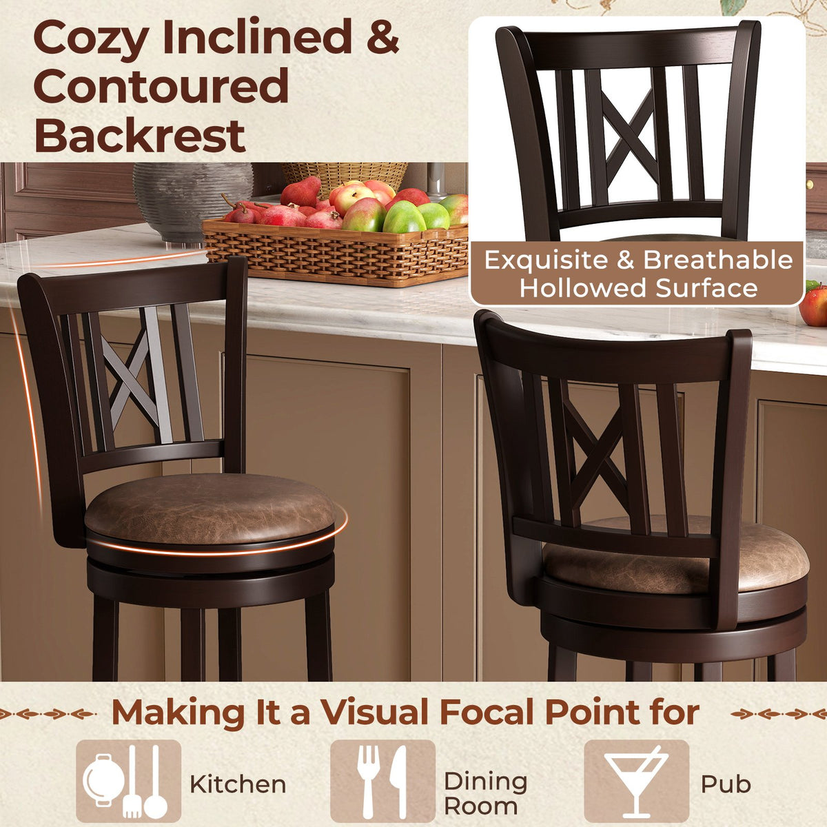 Set of 2 Bar Stools Swivel Bar Chairs with Footrest and Hollowed Backrest-30 inches view 6