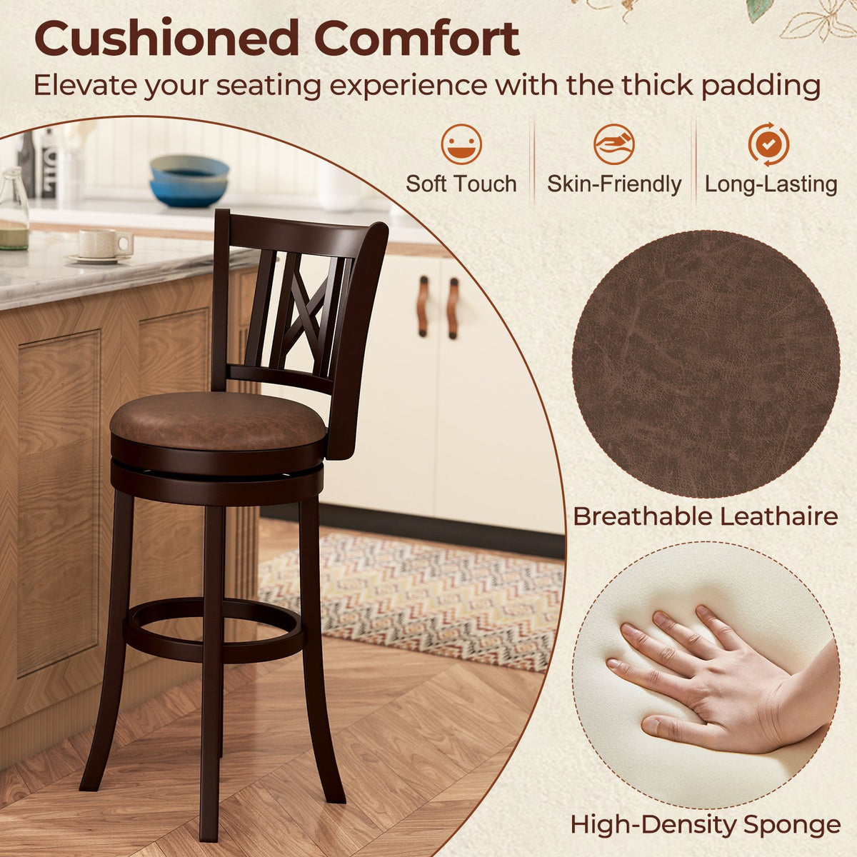 Set of 2 Bar Stools Swivel Bar Chairs with Footrest and Hollowed Backrest-30 inches view 7