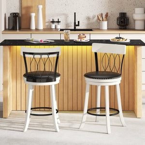 Set of 2 Bar Stools Swivel Bar Chairs with Footrest Rubber Wood Frame and Tufted Rivets-26 inches view 2